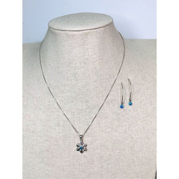 Silver 925 Simulated Fire Opal Snowflake 18" Necklace + Drop Earring Set Jewelry - Picture 2 of 16